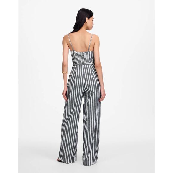 Madewell Pleated Wide-Leg Pinstripe Linen Jumpsuit Navy White Size 4 - Picture 3 of 8